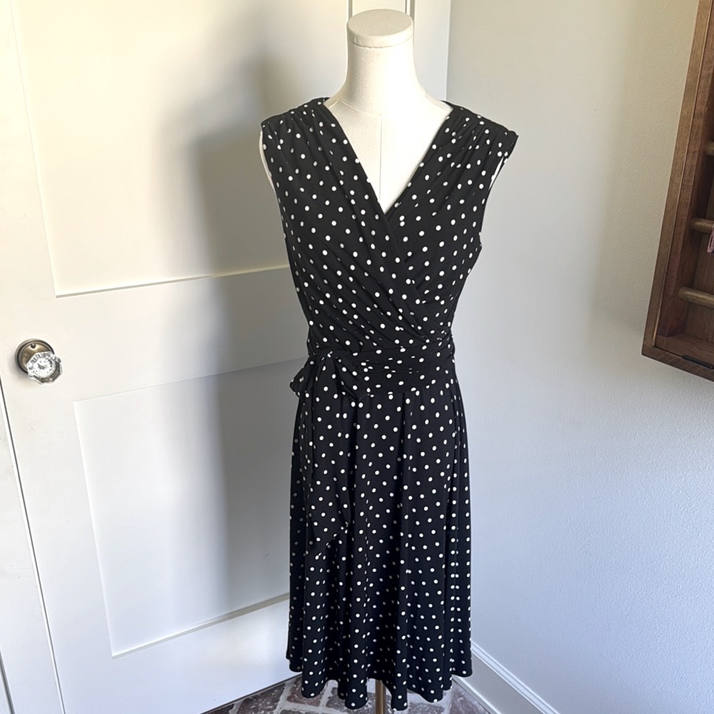 Lauren Ralph Lauren Polka Dot Sleeveless Knee-Length Faux Wrap Dress | Black/Whi